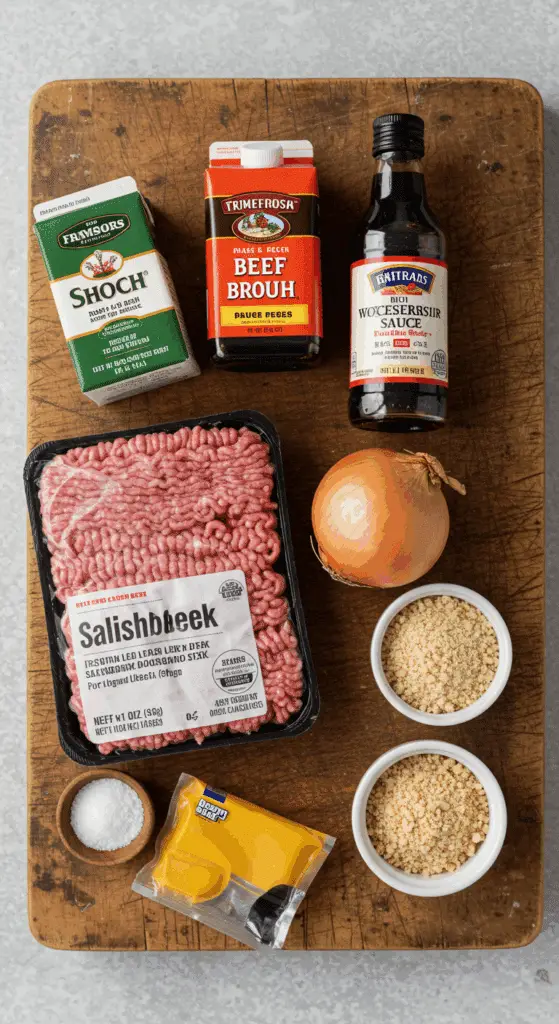 The classic, from-scratch ingredients for the homemade Salisbury Steak and onion gravy recipe.