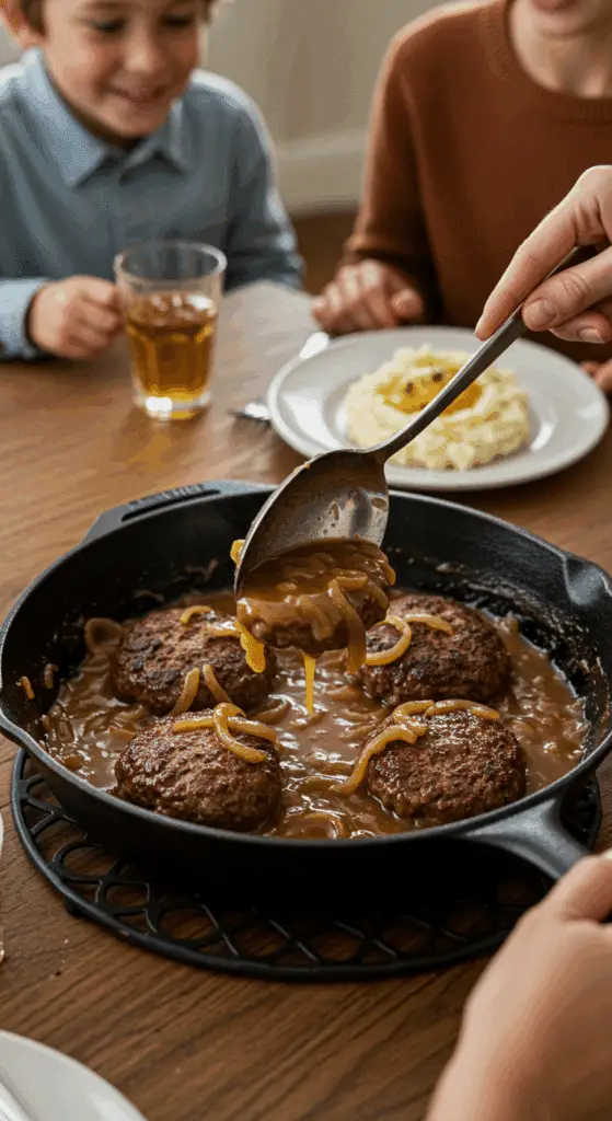 The finished skillet of homemade Salisbury Steak and gravy being served at a cozy family dinner.