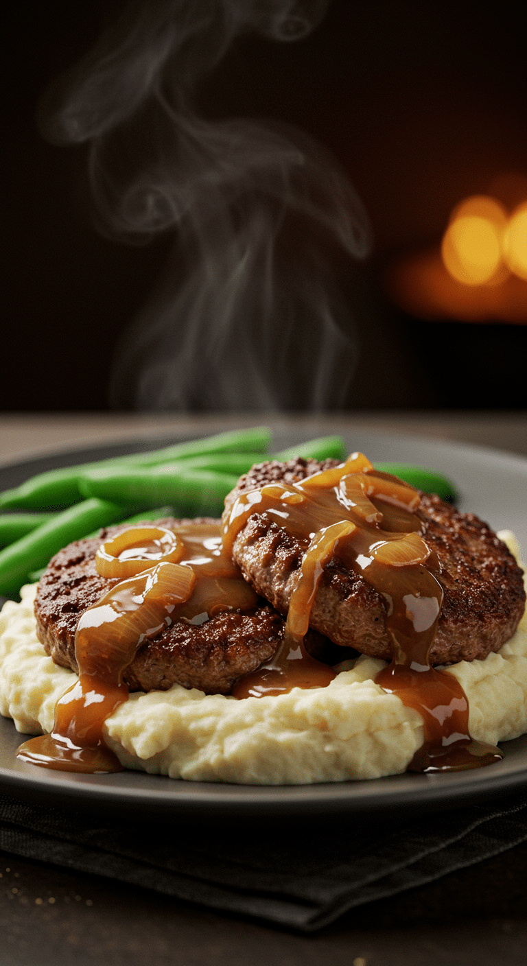 A beautiful, rustic plate of homemade Salisbury Steak smothered in a rich onion gravy, served over a bed of creamy mashed potatoes.