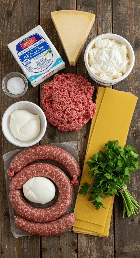 The fresh, classic ingredients for a homemade Classic Lasagna recipe.