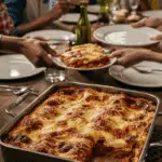 The finished, bubbly, golden-brown Classic Lasagna being presented at a happy family dinner.