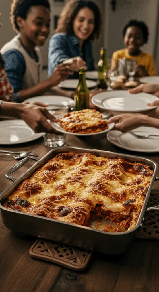The finished, bubbly, golden-brown Classic Lasagna being presented at a happy family dinner.