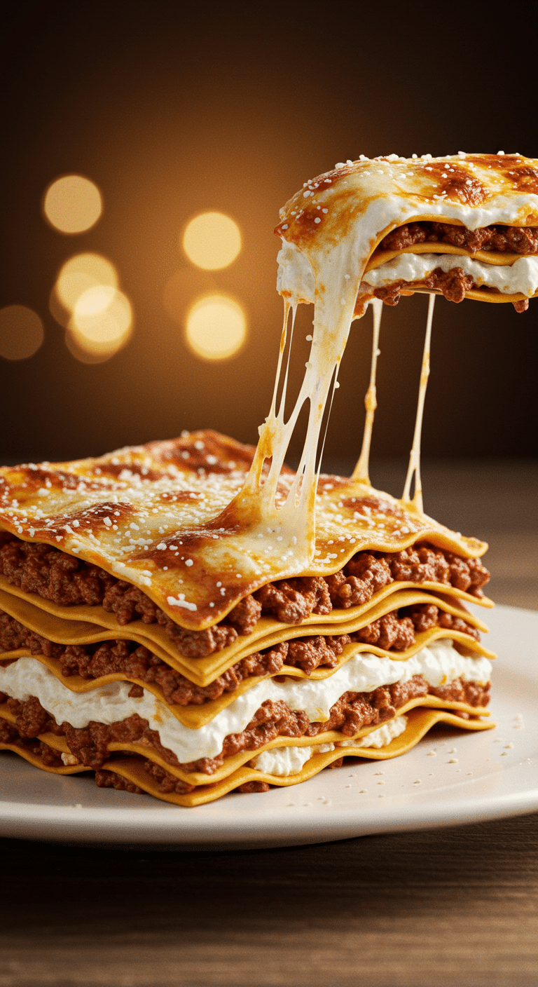 A perfect, tall slice of classic, homemade Lasagna showing all the cheesy, meaty layers.