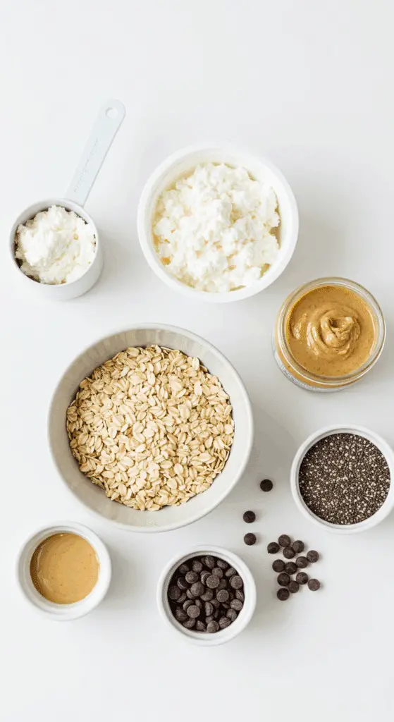 The healthy, simple ingredients for the High-Protein Cookie Dough Overnight Oats recipe.