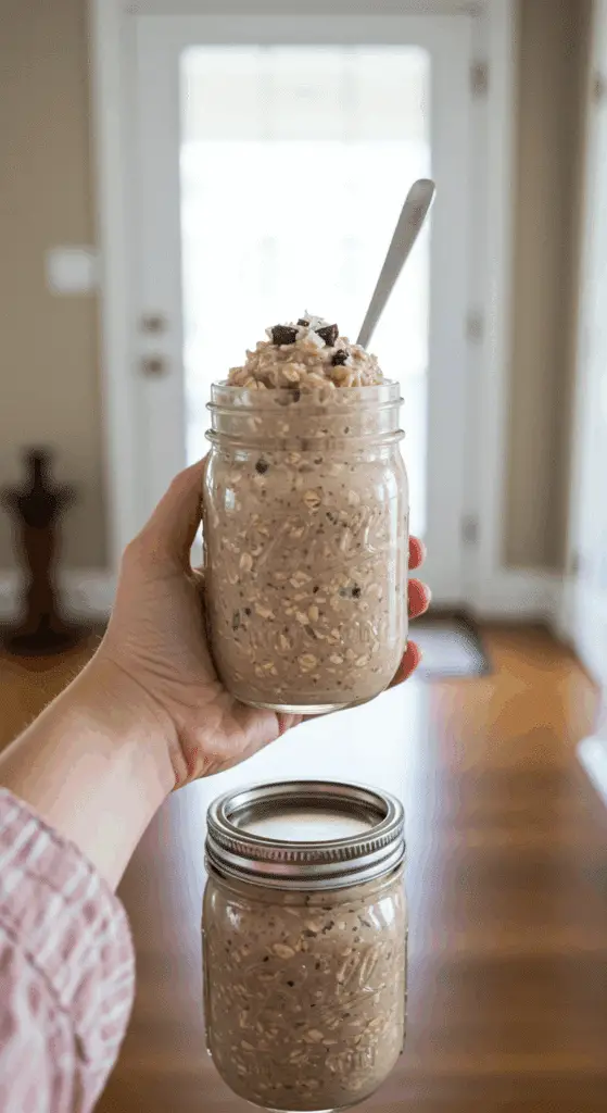 A hand holding a jar of High-Protein Cookie Dough Overnight Oats for a healthy grab-and-go breakfast.