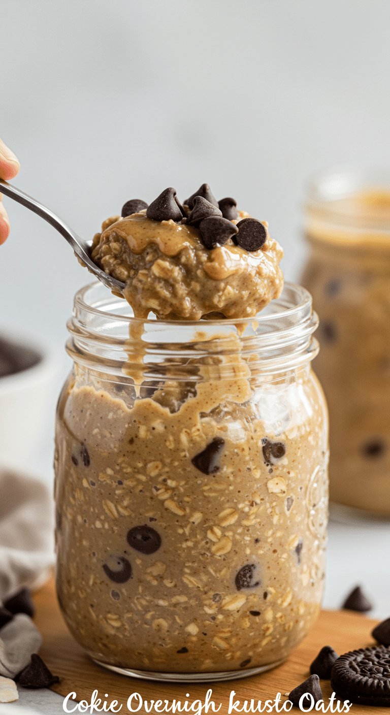A beautiful glass jar of thick and creamy, high-protein Cookie Dough Overnight Oats with a spoon.
