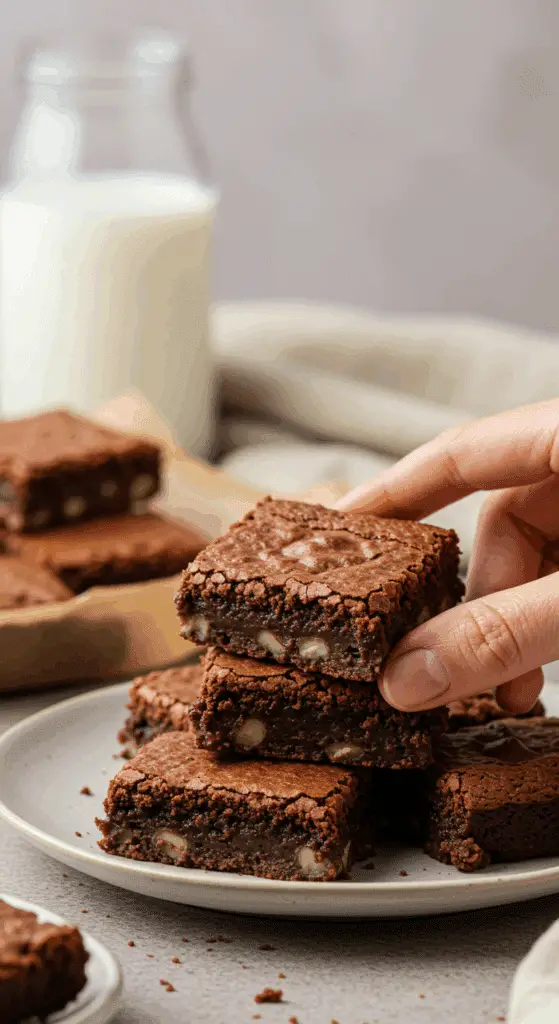 A hand taking a delicious, fudgy, homemade Cottage Cheese Brownie from a plate.