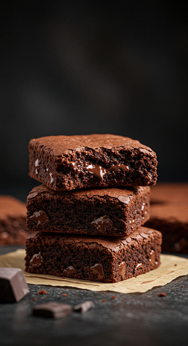 A stack of three decadent, fudgy, homemade High-Protein Cottage Cheese Brownies, with one broken to show the gooey inside.
