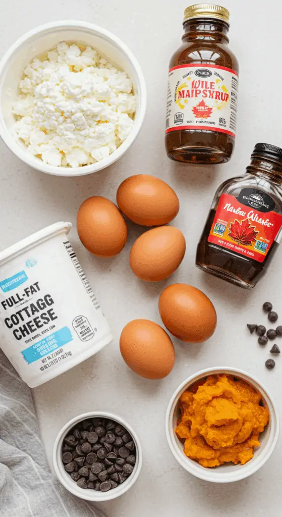 The healthy, simple ingredients for making High-Protein Cottage Cheese Muffins.