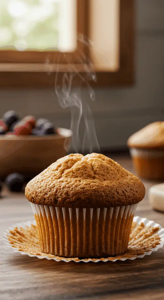 A hand taking a warm, fresh-baked cottage cheese muffin from a cooling rack.