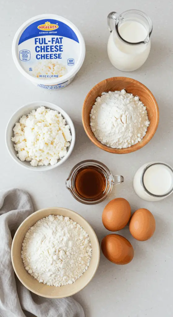 The healthy, simple ingredients for the High-Protein Cottage Cheese Waffles recipe.