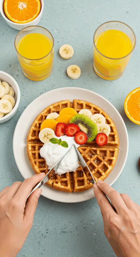 A person enjoying a healthy breakfast of High-Protein Cottage Cheese Waffles topped with fruit and yogurt.