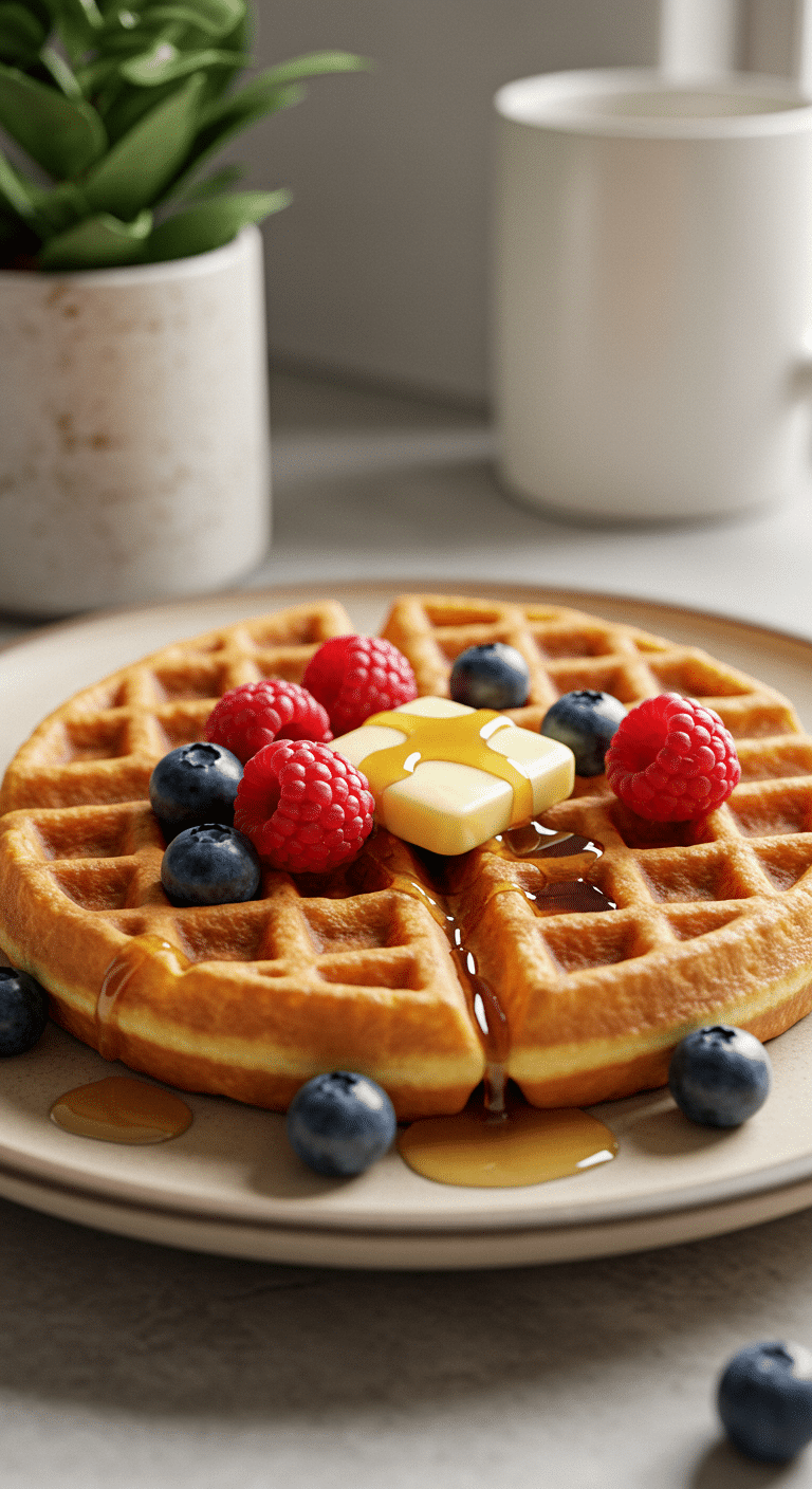 A perfect, golden-brown, crispy and fluffy homemade Cottage Cheese Waffle topped with fresh berries and maple syrup.