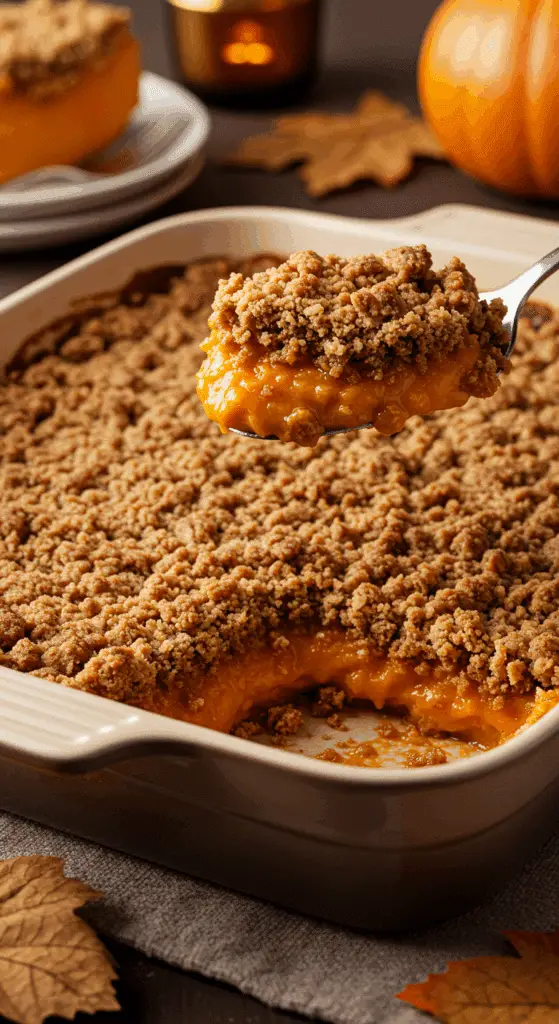 A warm, golden-brown homemade Pumpkin Crumble in a baking dish with a scoop being lifted out to show the creamy filling.