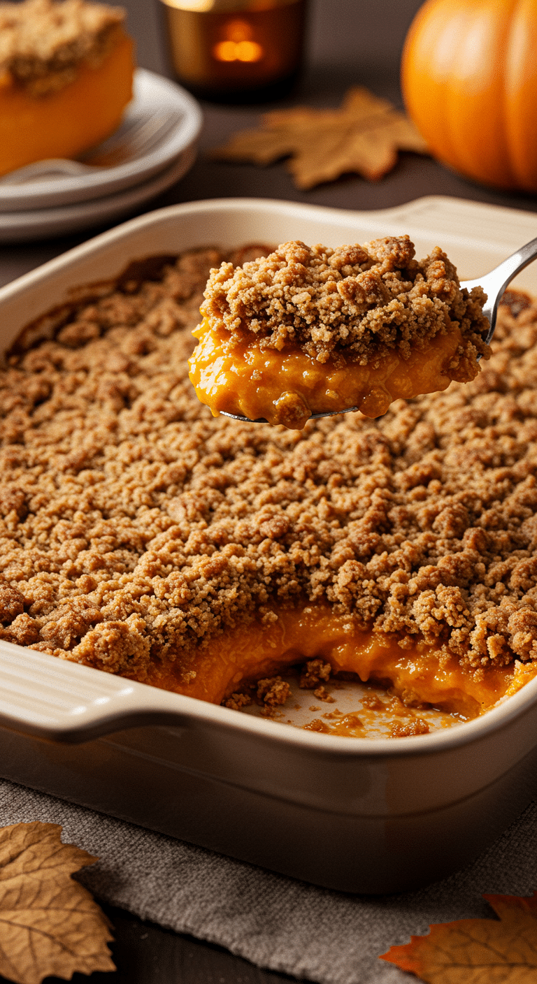 A warm, golden-brown homemade Pumpkin Crumble in a baking dish with a scoop being lifted out to show the creamy filling.