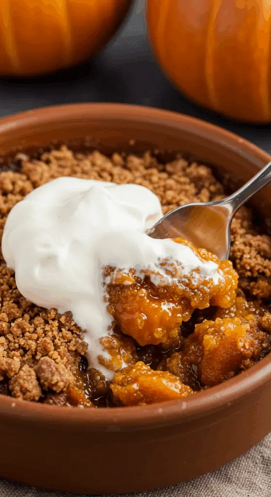 A close-up of a warm bowl of Pumpkin Crumble with a large dollop of whipped cream melting on top.
