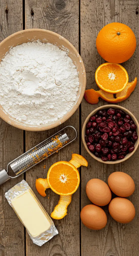 The simple, fresh ingredients for the from-scratch Cranberry Orange Quickbread recipe.
