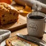A warm, thick slice of homemade Cranberry Orange Bread with softened butter, served with a hot cup of coffee.