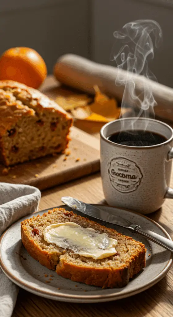 A warm, thick slice of homemade Cranberry Orange Bread with softened butter, served with a hot cup of coffee.