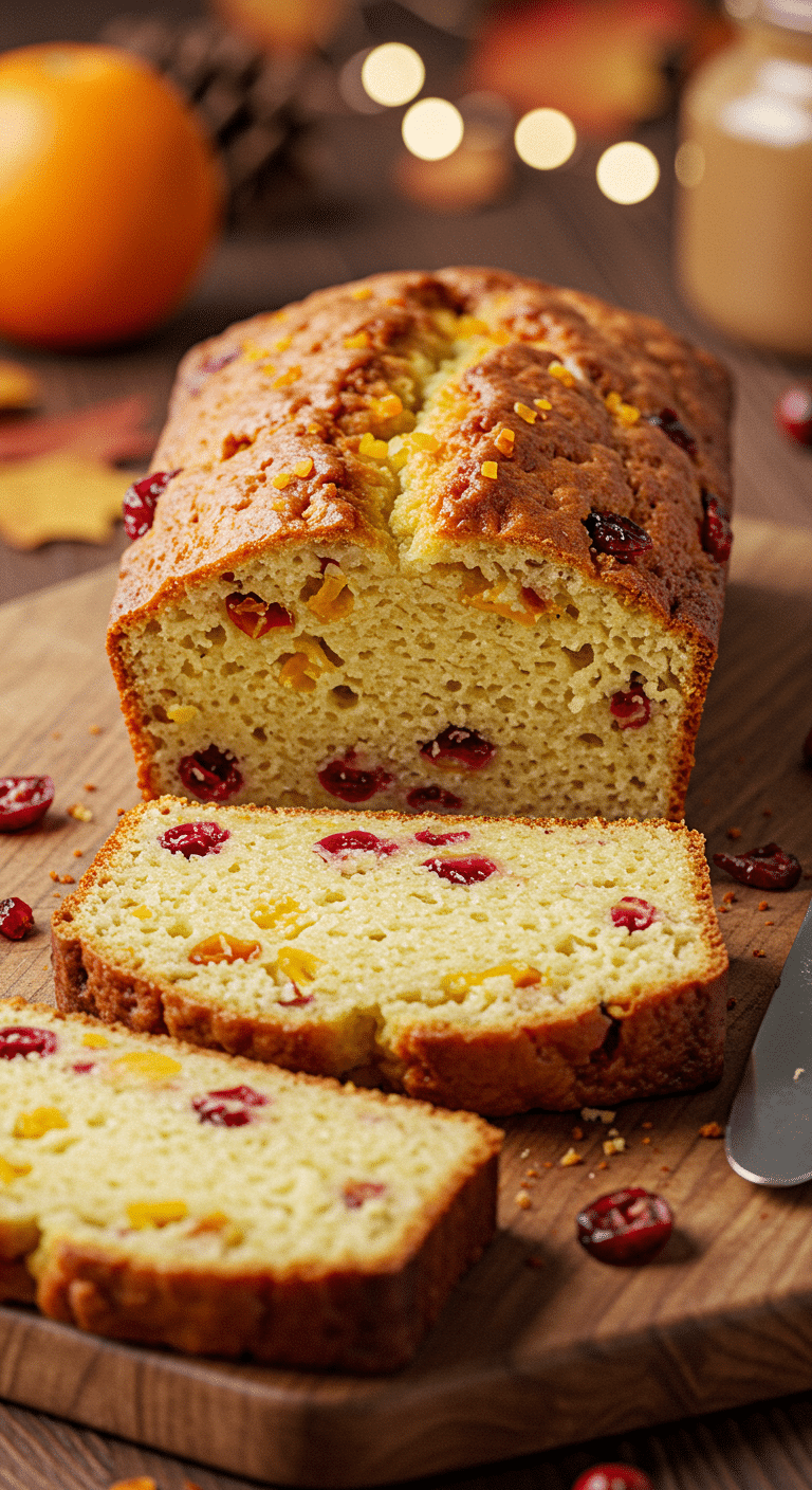 A beautiful, moist, homemade Cranberry Orange Bread on a cutting board with a few thick slices cut.