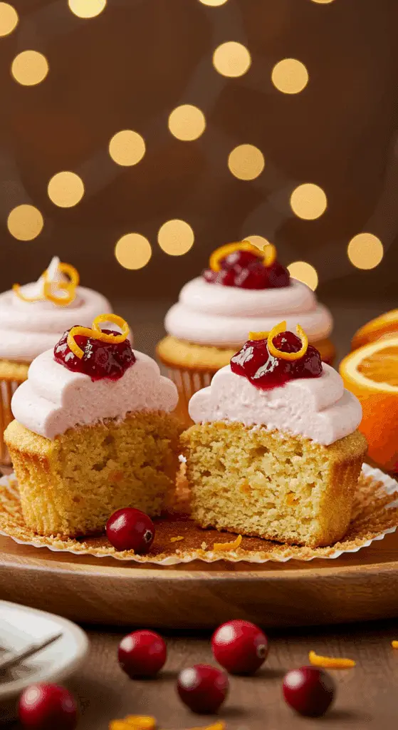 A beautiful platter of three homemade, moist Cranberry Orange Cupcakes with a tall swirl of pink cranberry cream cheese frosting.