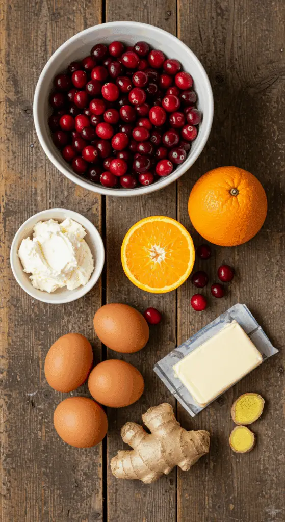 The classic, from-scratch ingredients for the homemade Cranberry Orange Cupcakes and cream cheese frosting.