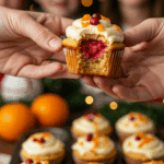 A hand holding a beautiful, homemade Cranberry Orange Cupcake at a festive holiday party.