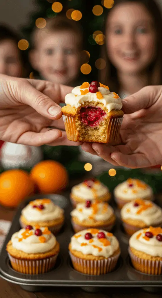 A hand holding a beautiful, homemade Cranberry Orange Cupcake at a festive holiday party.