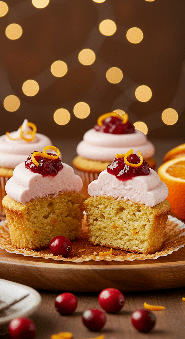 A beautiful platter of three homemade, moist Cranberry Orange Cupcakes with a tall swirl of pink cranberry cream cheese frosting.