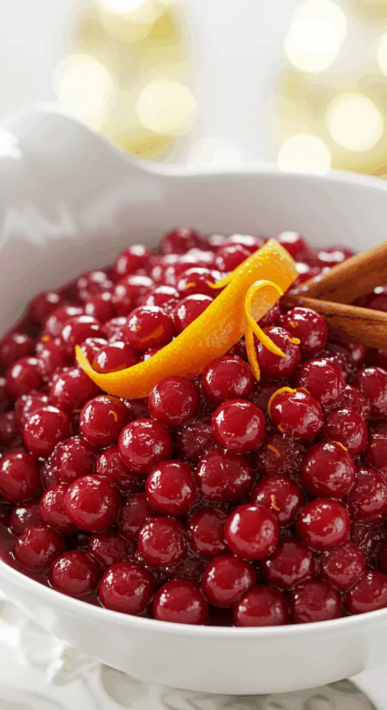 A beautiful bowl of homemade, vibrant, ruby-red Cranberry-Orange Sauce with a festive garnish.