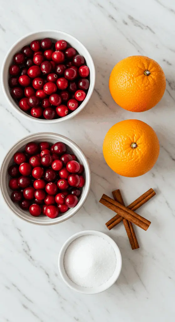 The 4 simple, fresh ingredients for the homemade Cranberry-Orange Sauce recipe.