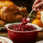 A bowl of homemade Cranberry-Orange Sauce being served as part of a beautiful Thanksgiving dinner.