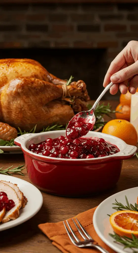 A bowl of homemade Cranberry-Orange Sauce being served as part of a beautiful Thanksgiving dinner.