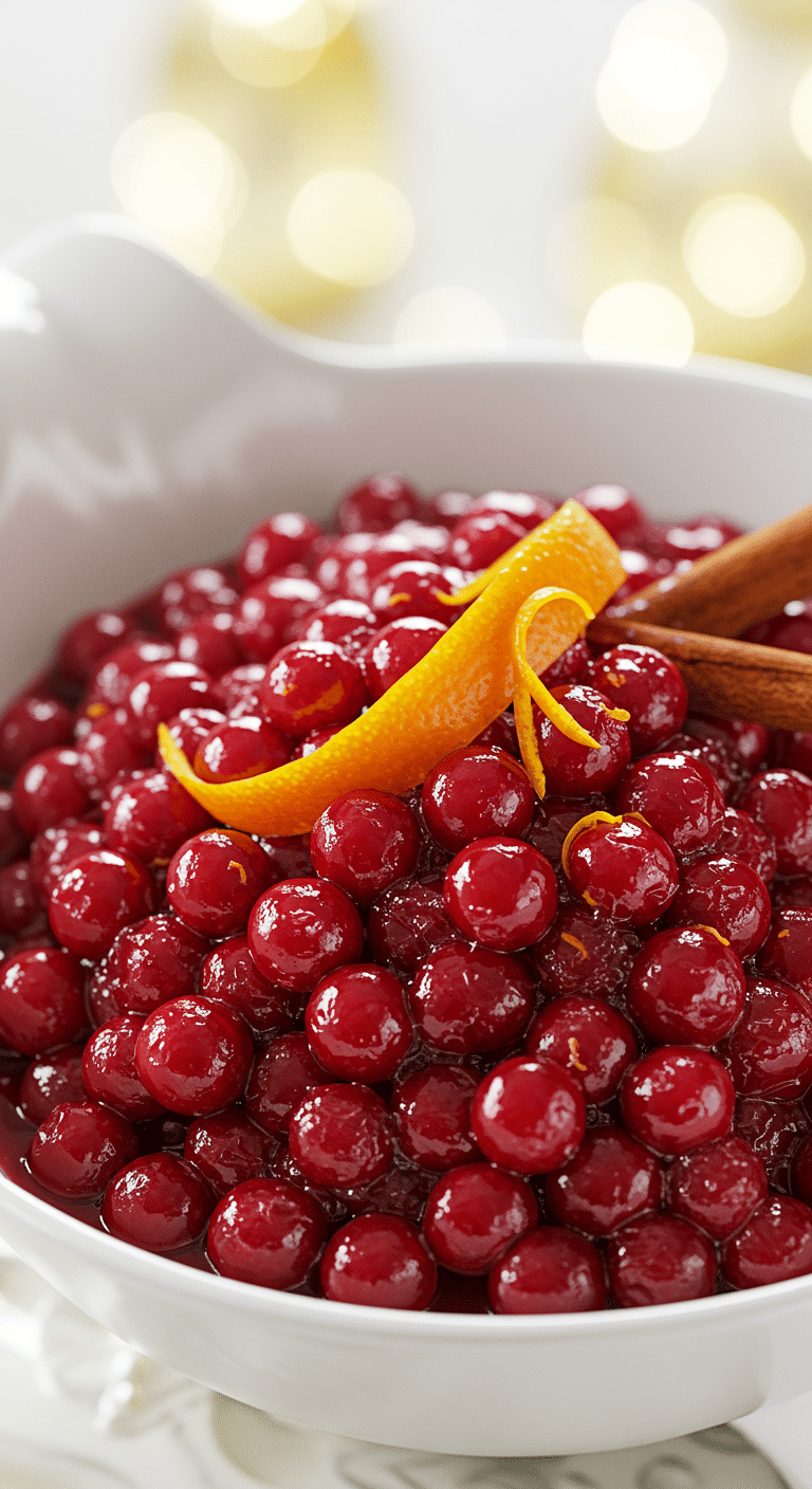 A beautiful bowl of homemade, vibrant, ruby-red Cranberry-Orange Sauce with a festive garnish.