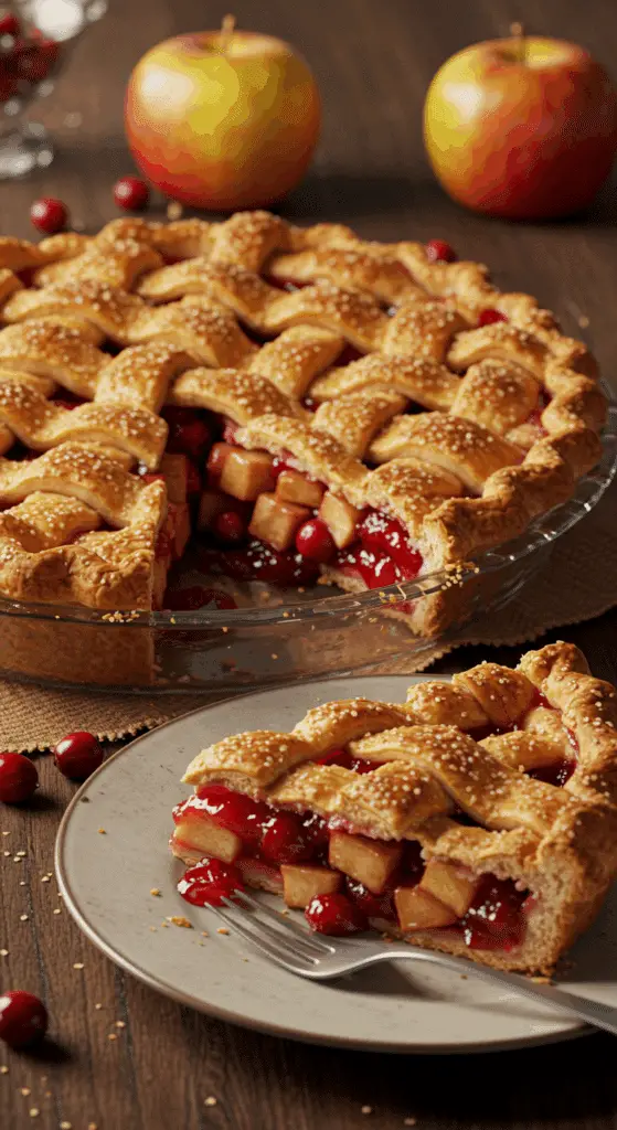 A beautiful, golden-brown homemade Apple Cranberry Pie with a flaky lattice crust and a perfect slice removed.