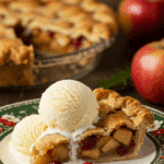 A perfect slice of warm, homemade Apple Cranberry Pie served with a large scoop of melting vanilla ice cream at a holiday dinner.