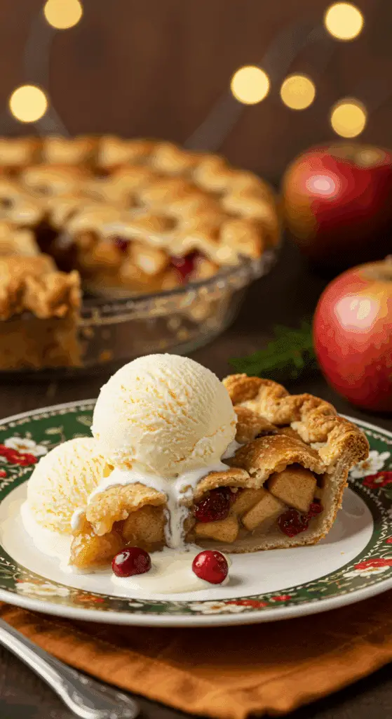 A perfect slice of warm, homemade Apple Cranberry Pie served with a large scoop of melting vanilla ice cream at a holiday dinner.