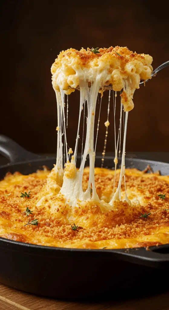 A beautiful, golden-brown baked Macaroni and Cheese with an epic, stretchy cheese pull.