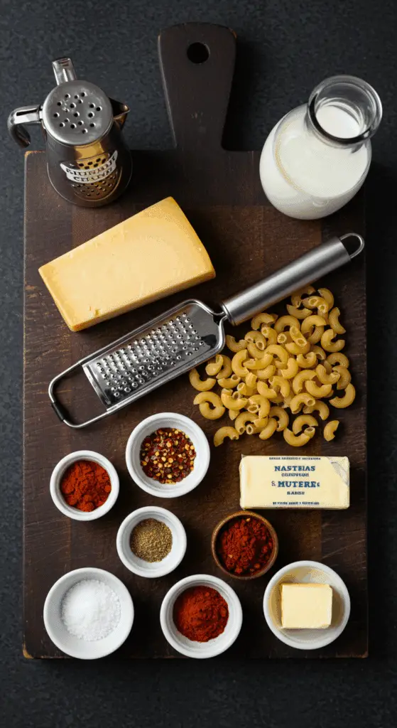 The classic, simple ingredients for the homemade baked Macaroni and Cheese recipe.