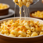 A fork digging into a delicious, creamy bowl of homemade Macaroni and Cheese.