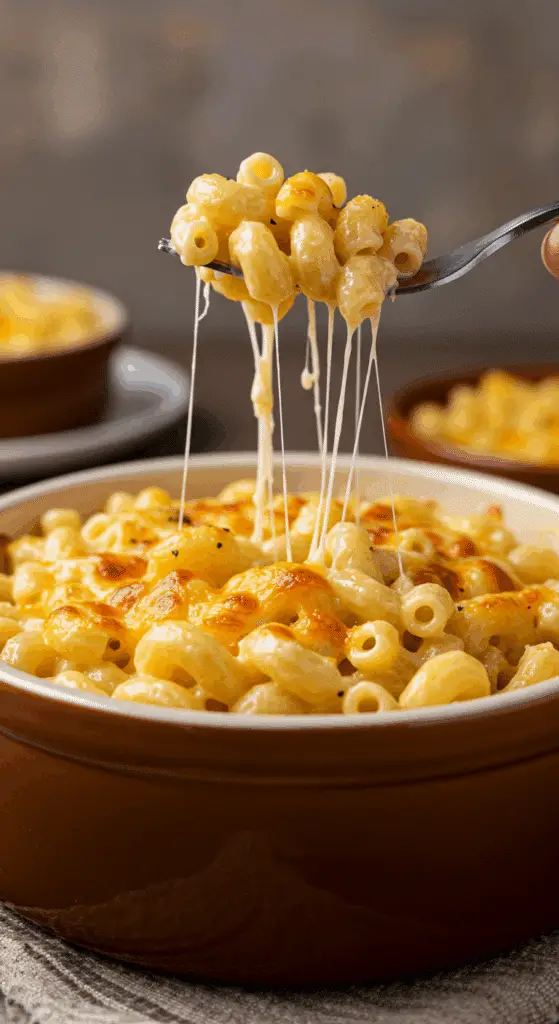 A fork digging into a delicious, creamy bowl of homemade Macaroni and Cheese.