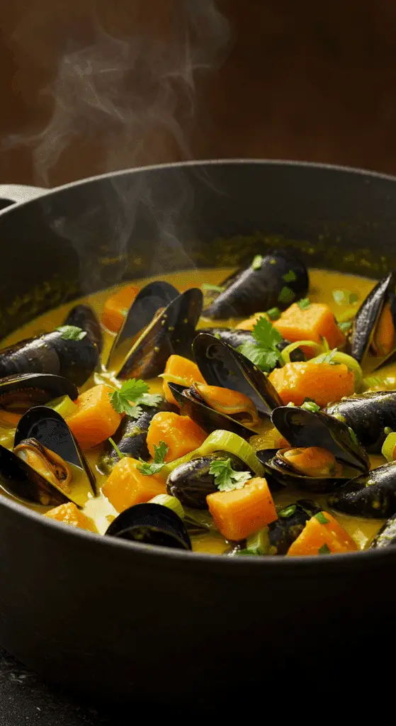 A beautiful, rustic pot of homemade, creamy Curried Mussels with butternut squash and leeks.