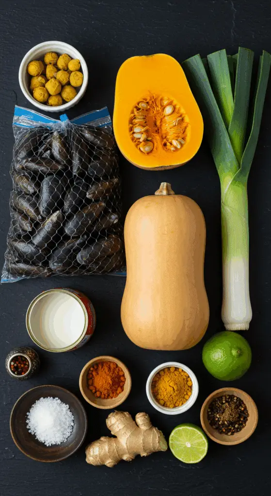 The fresh, from-scratch ingredients for the elegant and creamy Curried Mussels recipe.