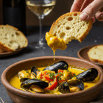 A hand dipping a large piece of crusty bread into a delicious bowl of homemade Curried Mussels.