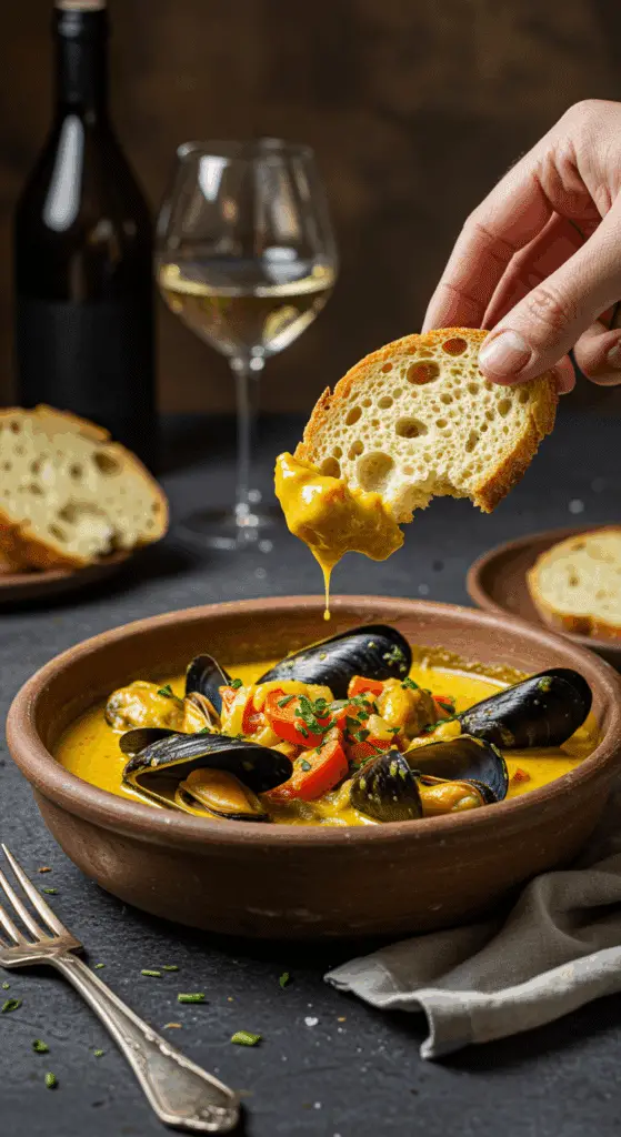 A hand dipping a large piece of crusty bread into a delicious bowl of homemade Curried Mussels.