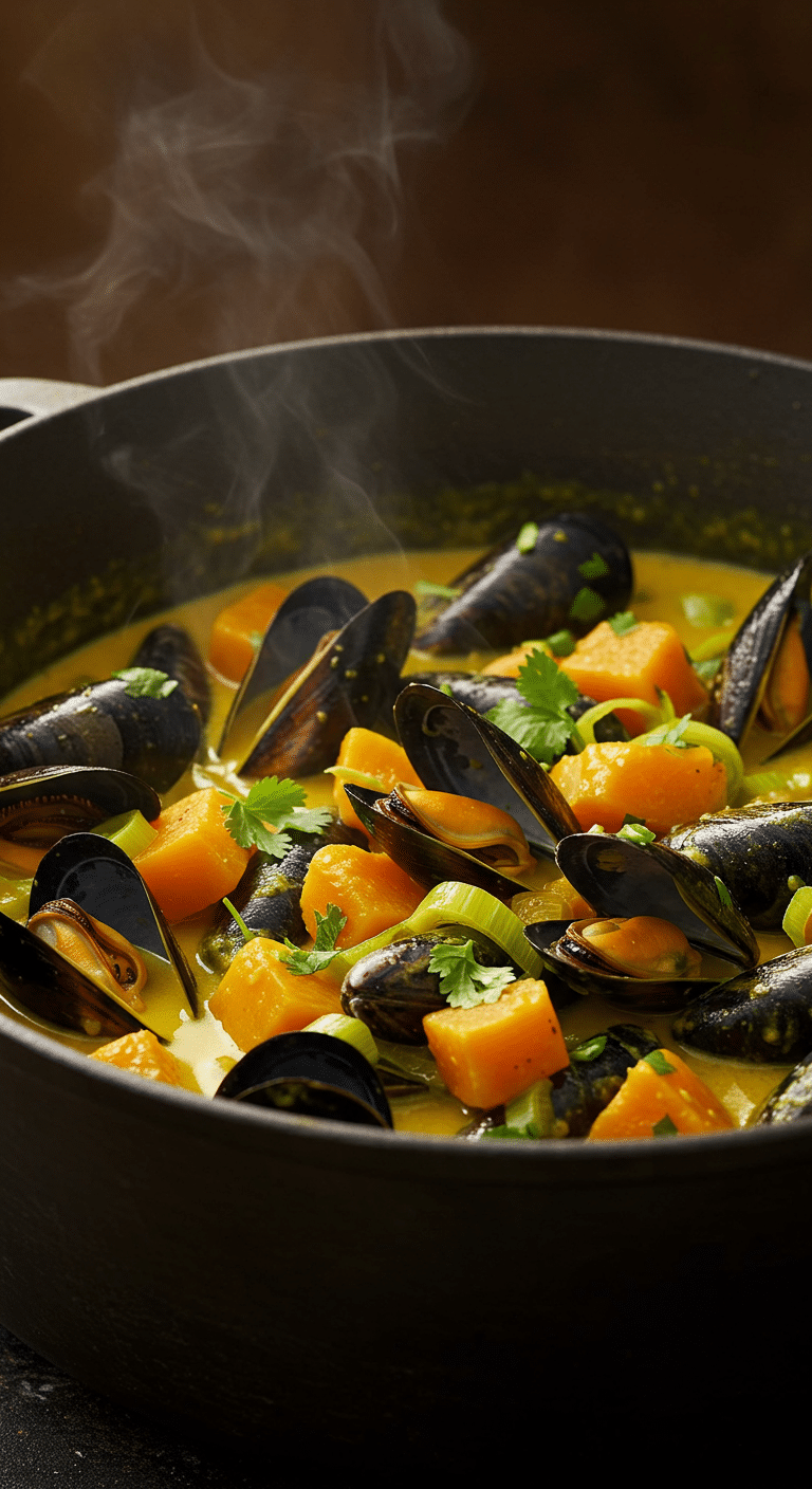 A beautiful, rustic pot of homemade, creamy Curried Mussels with butternut squash and leeks.