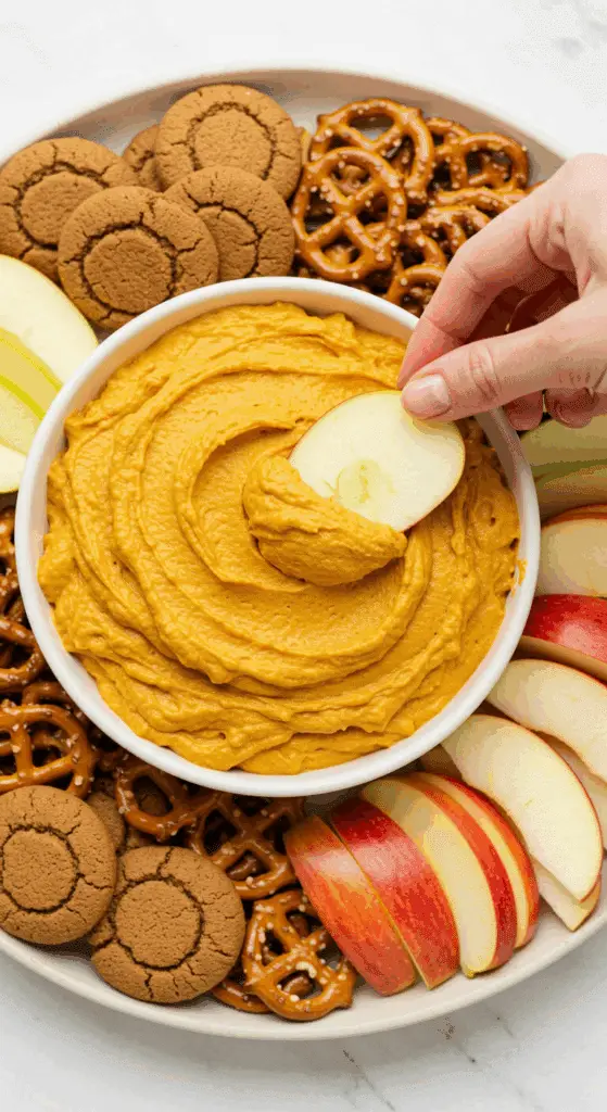 A beautiful platter with a bowl of Pumpkin Dip in the center, surrounded by a variety of cookies, fruits, and pretzels for dipping.