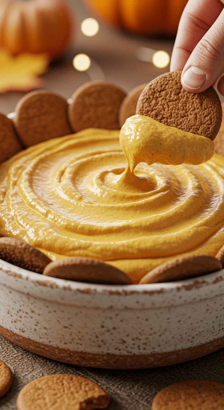A beautiful, rustic bowl of fluffy, creamy, homemade Pumpkin Dip, with a gingersnap cookie taking a scoop.