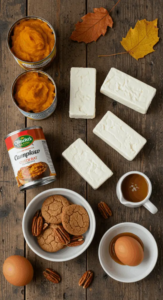 The classic, from-scratch fall ingredients for the Pumpkin Gingersnap Cheesecake recipe.