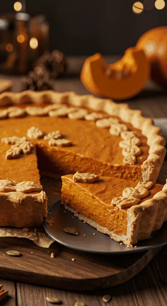 A beautiful, golden-brown, homemade Pumpkin Pie with a flaky crust and a perfect slice removed to show the smooth filling.